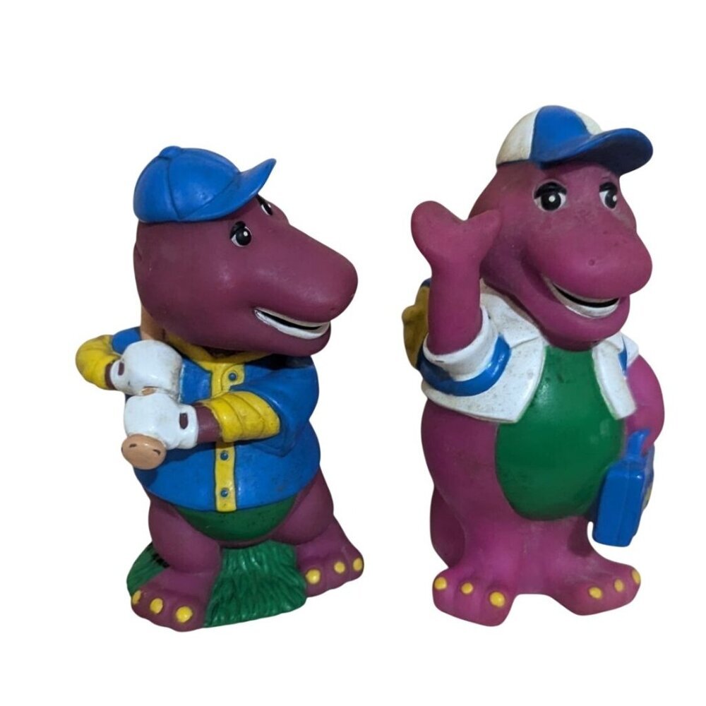 vintage Barney Dinosaur Coin Bank Pair With‎ Baseball & School Outfit purple